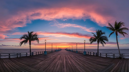a wooden pier with palm trees and a sunsetの素材