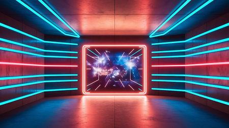 a room with neon lights and a neon signの素材