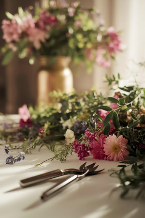 a table with flowers and a knife on itの素材