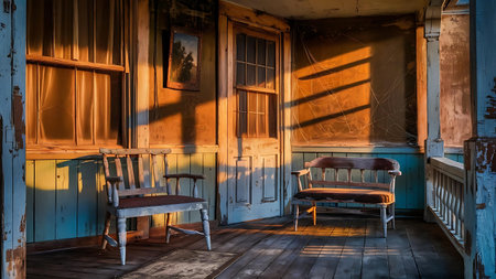 a chair sitting on a porch in front of a windowの素材