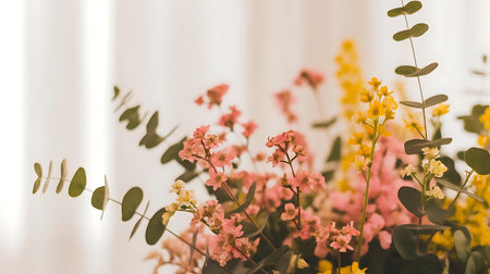 a vase filled with flowers and leavesの素材