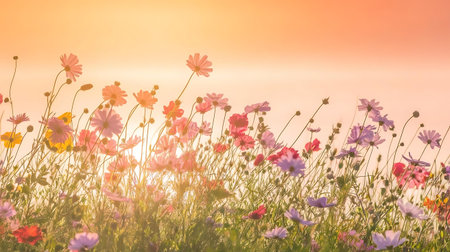 a field of flowers with the sun shining in the backgroundの素材