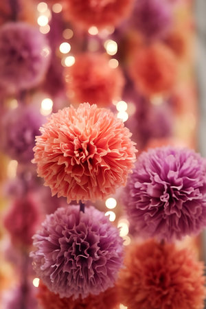 a bunch of pink and orange flowers hanging from a stringの素材
