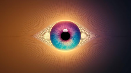 an eye with a bright blue pupil in the centerの素材