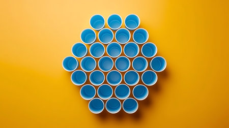 a bunch of blue plastic cups on a yellow backgroundの素材