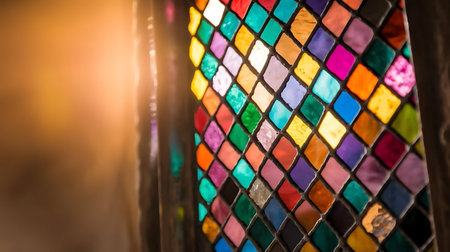 a colorful stained glass window with a light shining through itの素材