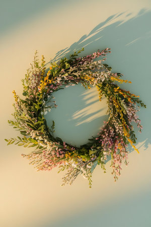 a wreath made of flowers on a blue backgroundの素材
