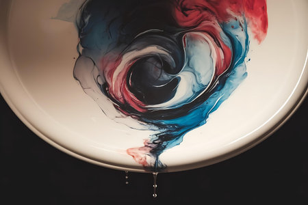 a white plate with a red and blue swirl painted on itの素材