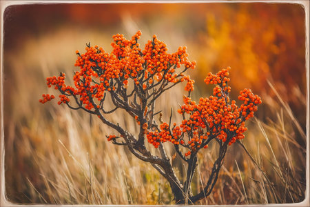 a small plant with orange flowers in a fieldの素材