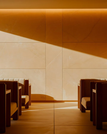 a room with a wall of mirrors and a chairの素材