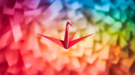 a red origa paper crane hanging from a stringの素材