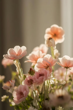 a vase filled with pink flowers on a tableの素材