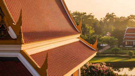 a view of a building with a pond in the foreの素材