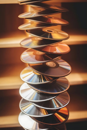 a stack of cds on a tableの素材