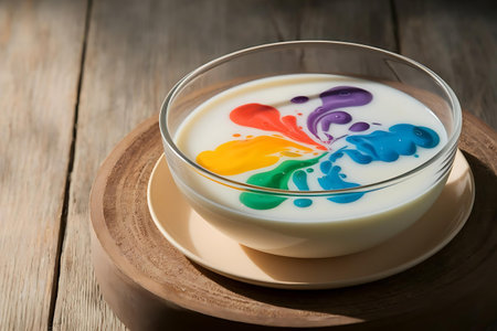 a bowl of milk with colorful paint on itの素材