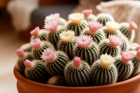 a pot of cactus plants with pink flowersの素材