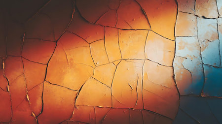 cracked wall with blue and orange paintの素材