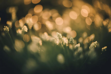 a field of flowers with bo lights in the backgroundの素材