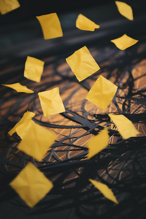 a bunch of yellow paper birds flying in the airの素材