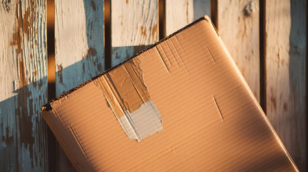 a cardboard box sitting on top of a wooden fenceの素材