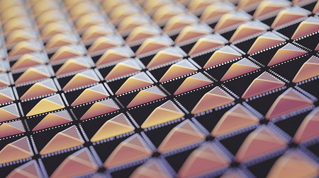 a close up of a pattern of orange and yellow trianglesの素材