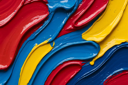 a close up of a paint brush with red, yellow and blueの素材