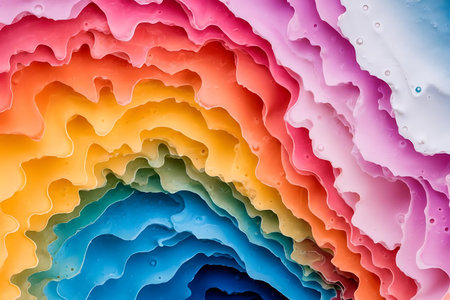 a rainbow colored liquid pouring into a blue, pink, yellow, and orange liquidの素材