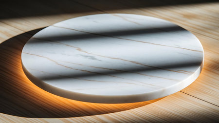 a marble plate on a wooden tableの素材