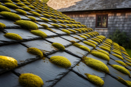 moss growing on the roof of a houseの素材
