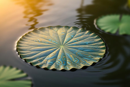 a leaf floating in a pond with waterの素材