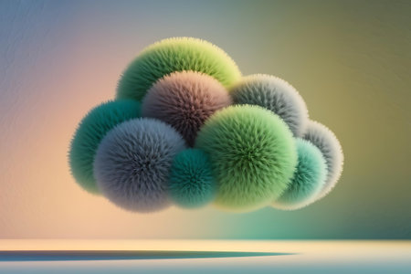 three green and white pom balls floating in the airの素材