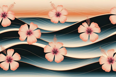 a painting of pink flowers on a black backgroundの素材