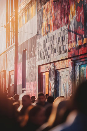 a crowd of people walking down a streetの素材