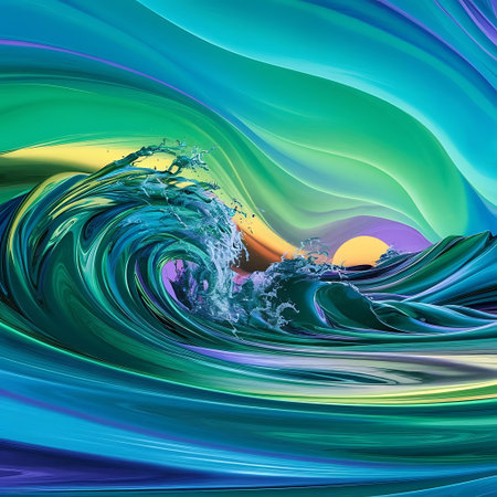 a painting of a wave with a bright blue and green colorの素材