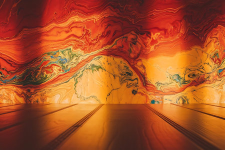 a colorful wall with a wooden floor and a red and yellow marble backgroundの素材