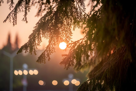 a tree branch with a light in the backgroundの素材