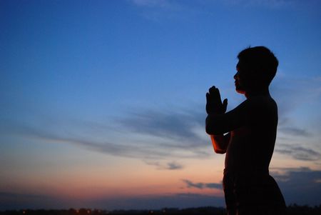 yoga, sunset, skies and clouds at the countryside の写真素材