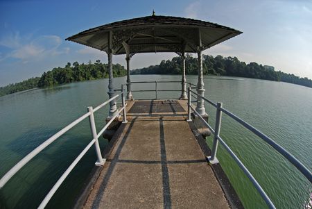 hut at the reservoirの写真素材