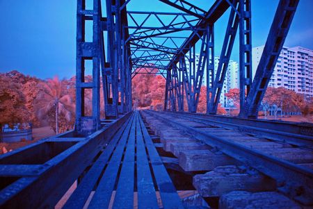 Infrared photo  tree and railway bridge in the parks の写真素材