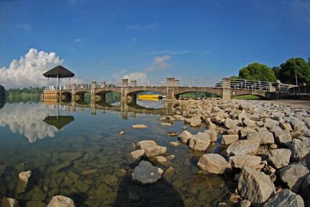 water gate and skies in the reservoirsの写真素材