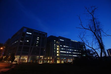 dried tree and modern building in the parksの写真素材