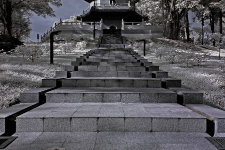 Infrared photo – chinese gardens, step and tree in the parks