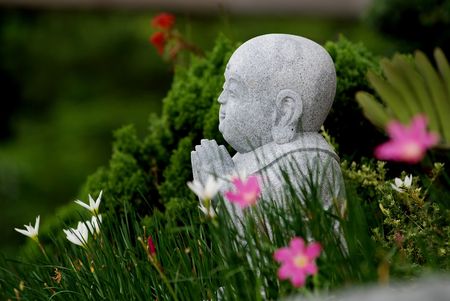 stone Buddha and flower in the gardensの写真素材