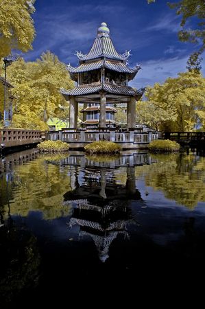 reflection of chinese pagoda in the pondsの写真素材
