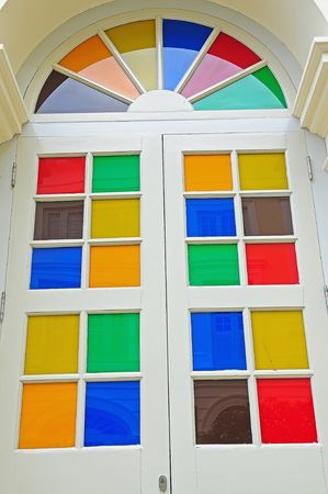 colorful door and old buildingの写真素材