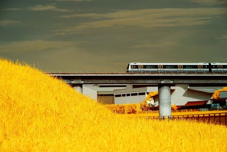 train, river and fastoryの写真素材
