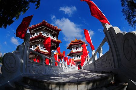 pagoda and red flag in the parksのeditorial素材