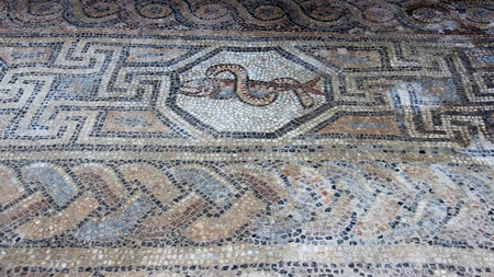 Snake eat flsh ancient floor mosaic detail  historic site in Macedoniaのeditorial素材