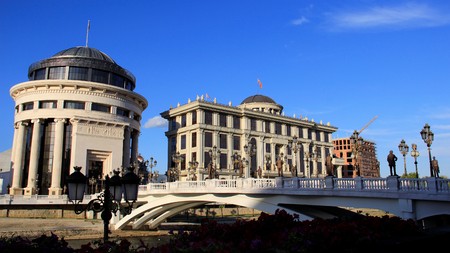 Building style old town by riverbank with blue sky in summer.Macedoniaの写真素材