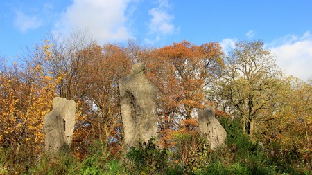 Art stone carving with  city park in autumn.  Hannover Germanyの写真素材